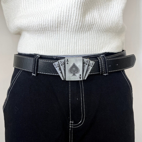 Y2k 2000s vintage chrome deck of cards black vegan leather belt - Picture 1 of 8